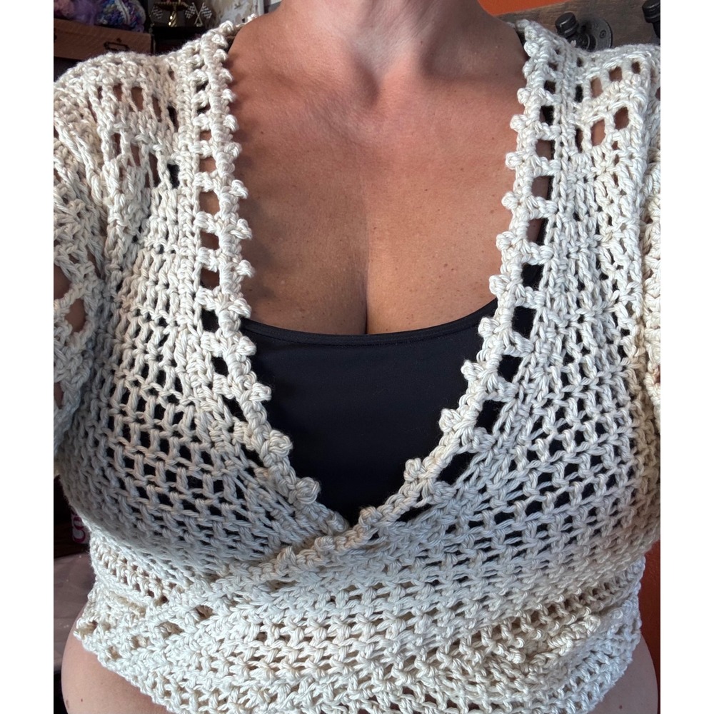 Handmade Crochet Wrap Top Cream Boho Mandala Back Tie Waist Short Sleeve L XL